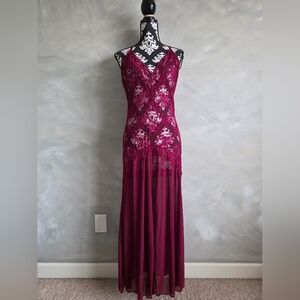 Burgundy Sheer Flora Lace Long Slip Dress Maxi Lingerie Kick Split Drop Waist